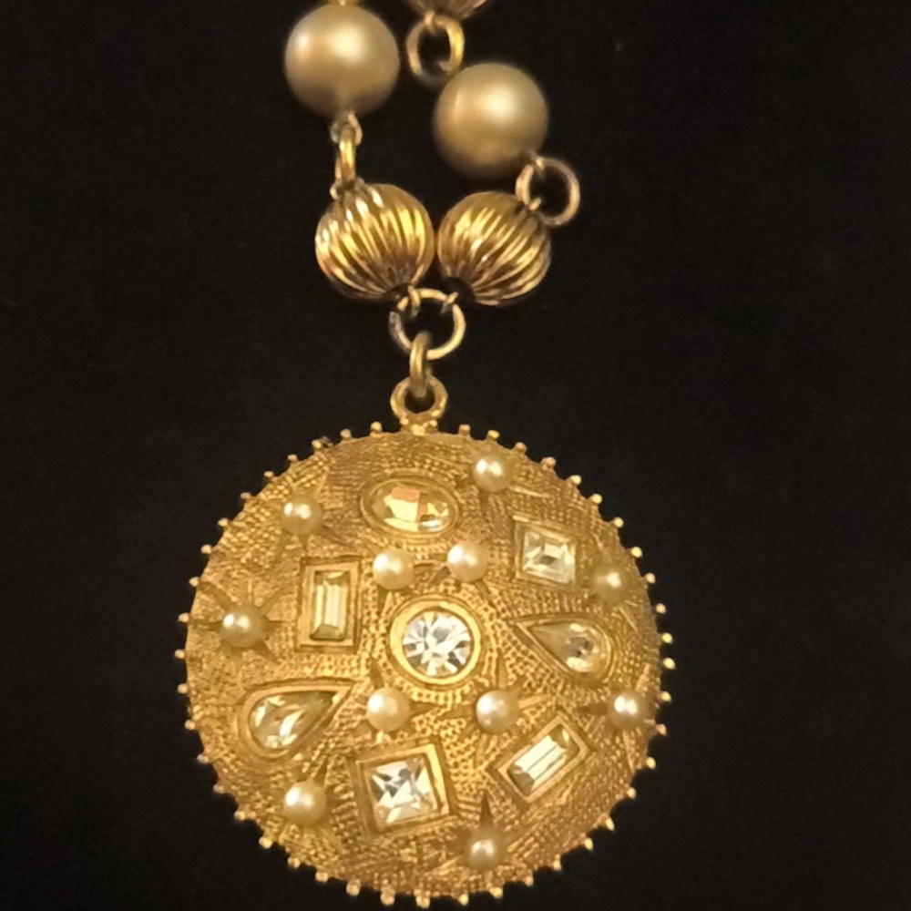 Miriam Haskell Gold and Pearl Medallion Necklace